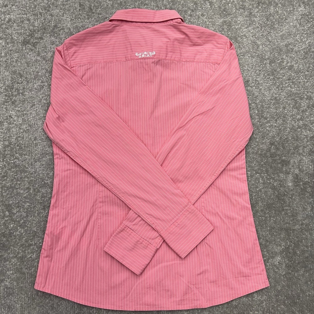 Ariat Long Sleeve Button Up Shirt Womens Large Flip Cuffs Fitted Pink Pinstriped - Picture 10 of 14